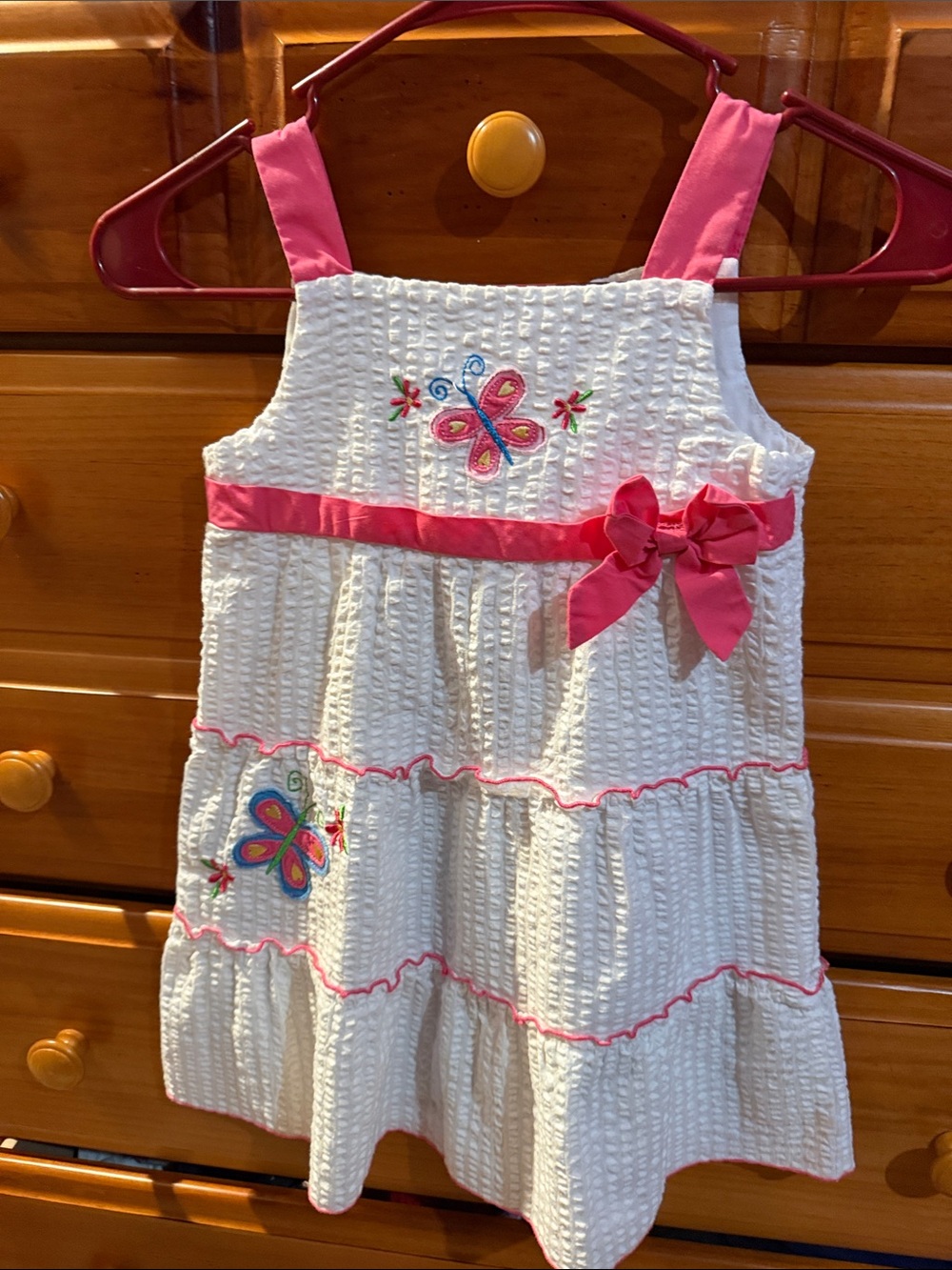 Copper Key White Dress with Pink Accents and Embroidered Butterflies